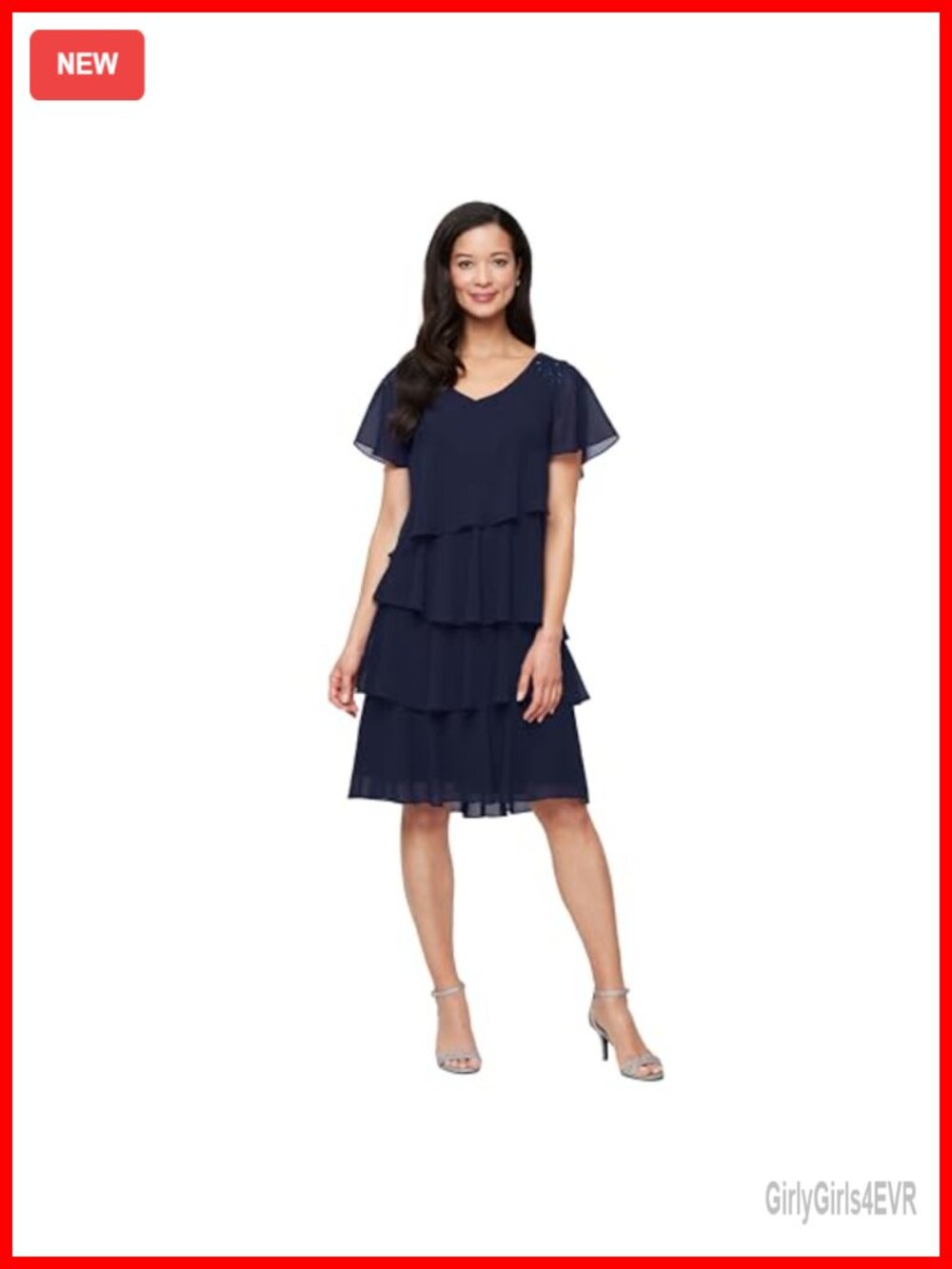 V-Neck Chiffon Cocktail Dress Beaded Shoulders Asymmetrical Tiers